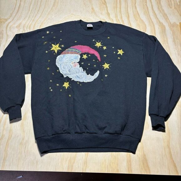 Vintage 90s Moon Santa Christmas Gel‎ Art Sweatshirt Womens XL Jerzees - Picture 1 of 6